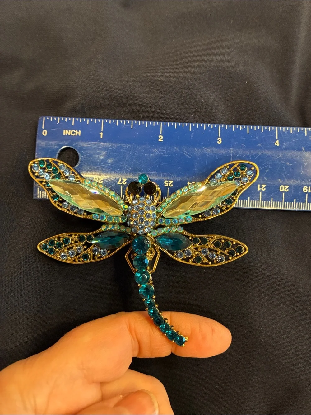 Large Blue Dragonfly Brooch - Rhinestone and Crystal and Gold Tones (ABBA) - Picture 11 of 16